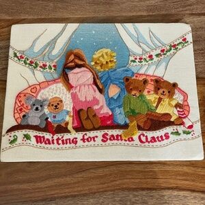 Vintage 1982 Sunset Stitchery Waiting For Santa Claus Embroidered Decoration